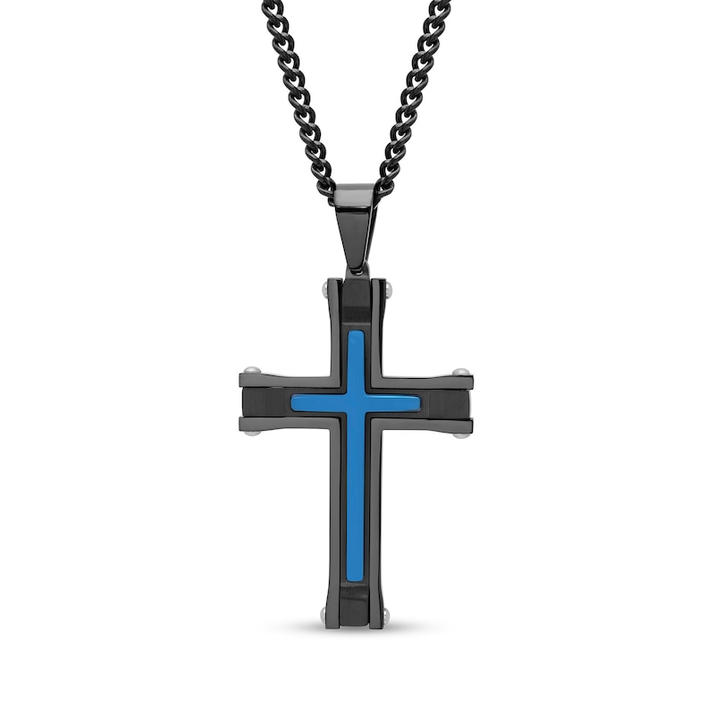 Main Image 1 of Men's Inlay Cross Pendant in Stainless Steel with Black and Blue Ion Plate - 24"