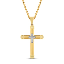 Men's 1/20 CT. T.W. Diamond Mini Cross Inlay Pendant in Stainless Steel and Yellow Ion Plate - 24"