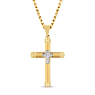 Men's 1/20 CT. T.W. Diamond Mini Cross Inlay Pendant in Stainless Steel and Yellow Ion Plate - 24"