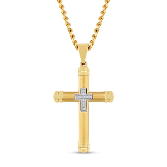 Men's 1/20 CT. T.w. Diamond Mini Cross Inlay Pendant in Stainless Steel and Yellow Ion Plate - 24"