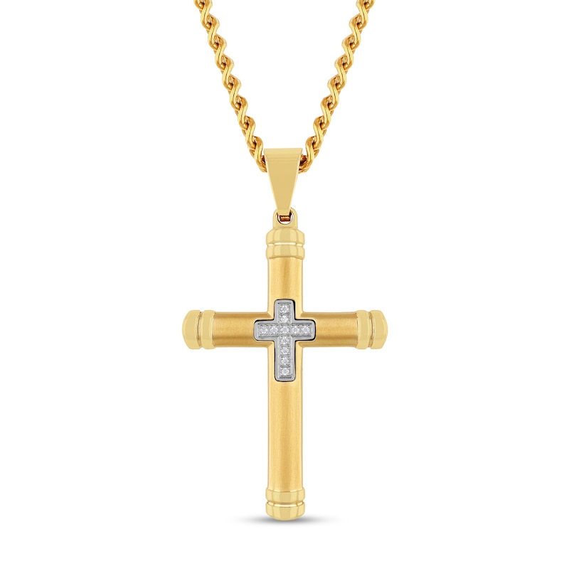 Men's 1/20 CT. T.W. Diamond Mini Cross Inlay Pendant in Stainless Steel and Yellow Ion Plate - 24"