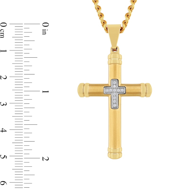 Men's 1/20 CT. T.W. Diamond Mini Cross Inlay Pendant in Stainless Steel and Yellow Ion Plate - 24"