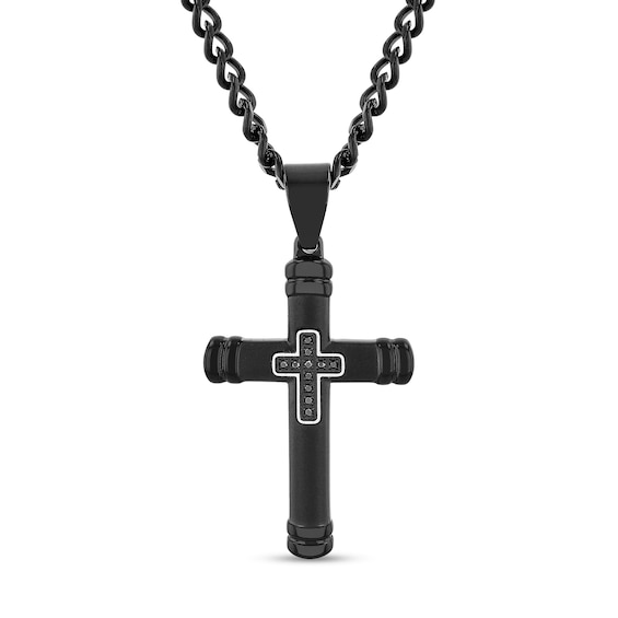 Men's 1/20 CT. T.w. Black Diamond Mini Cross Inlay Pendant in Stainless Steel with Black Ion Plate - 24"