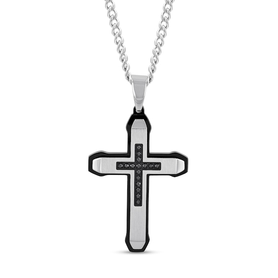 Men's 1/6 CT. T.w. Black Diamond Mini-Cross Inlay Outline Pendant in Stainless Steel and Black Ion Plate - 24"