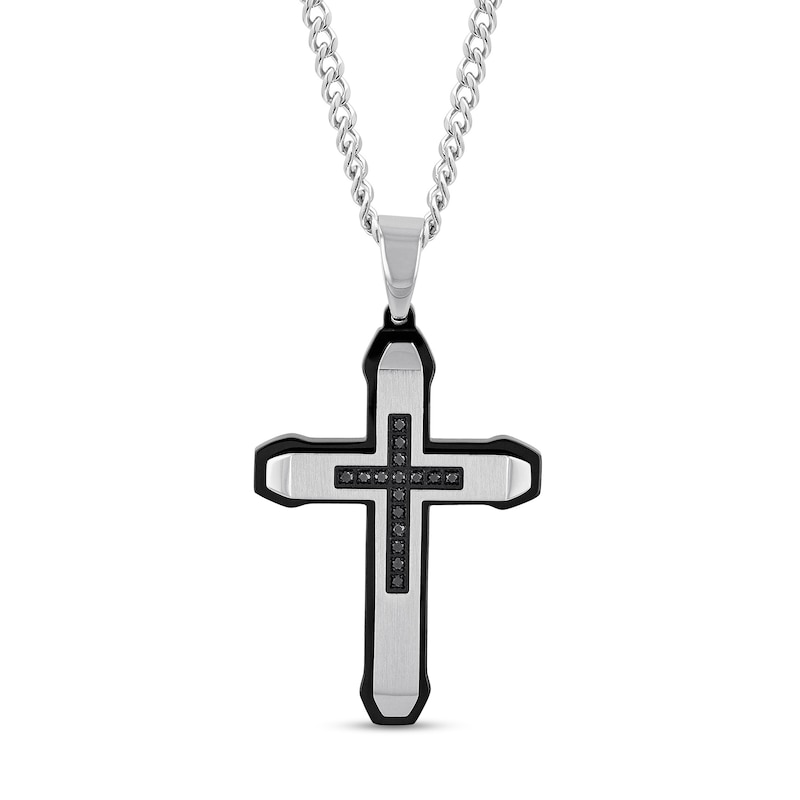 Main Image 1 of Men's 1/6 CT. T.W. Black Diamond Mini-Cross Inlay Outline Pendant in Stainless Steel and Black Ion Plate - 24"