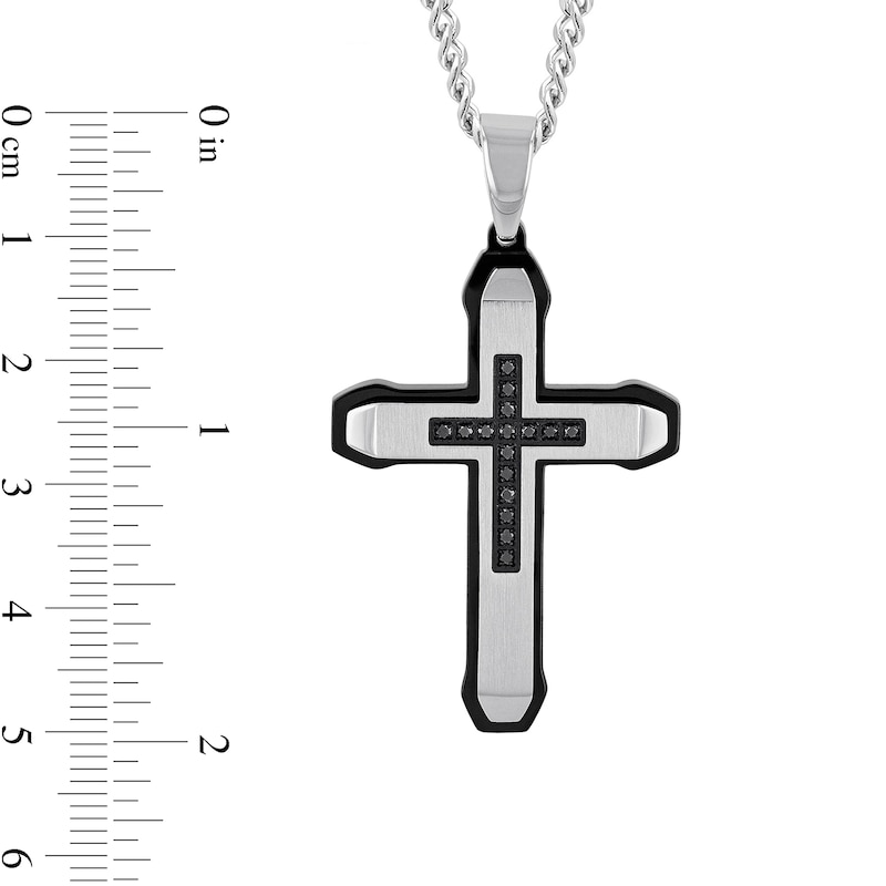 Main Image 2 of Men's 1/6 CT. T.W. Black Diamond Mini-Cross Inlay Outline Pendant in Stainless Steel and Black Ion Plate - 24"