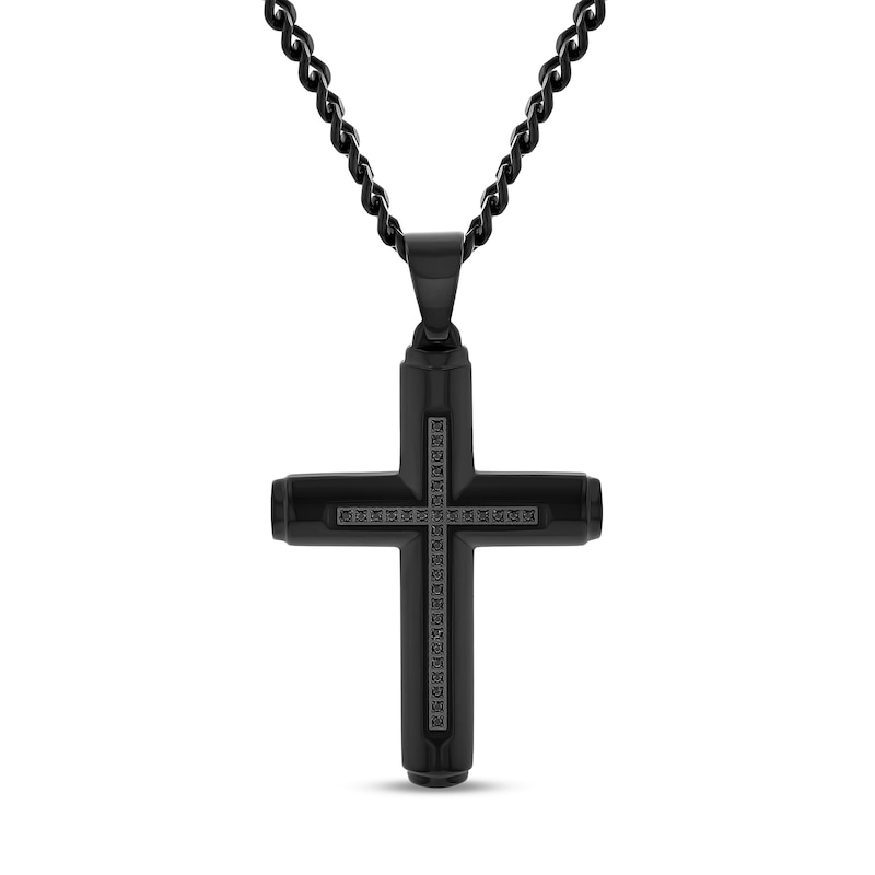 Men's 1/6 CT. T.W. Black Diamond Cross Pendant in Stainless Steel with Black Ion Plate - 24"