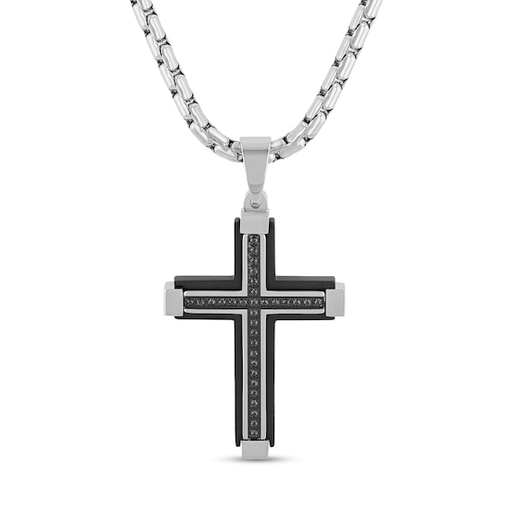 Men's 1/6 CT. T.w. Black Diamond Cross Pendant in Stainless Steel and Black Ion Plate - 24"