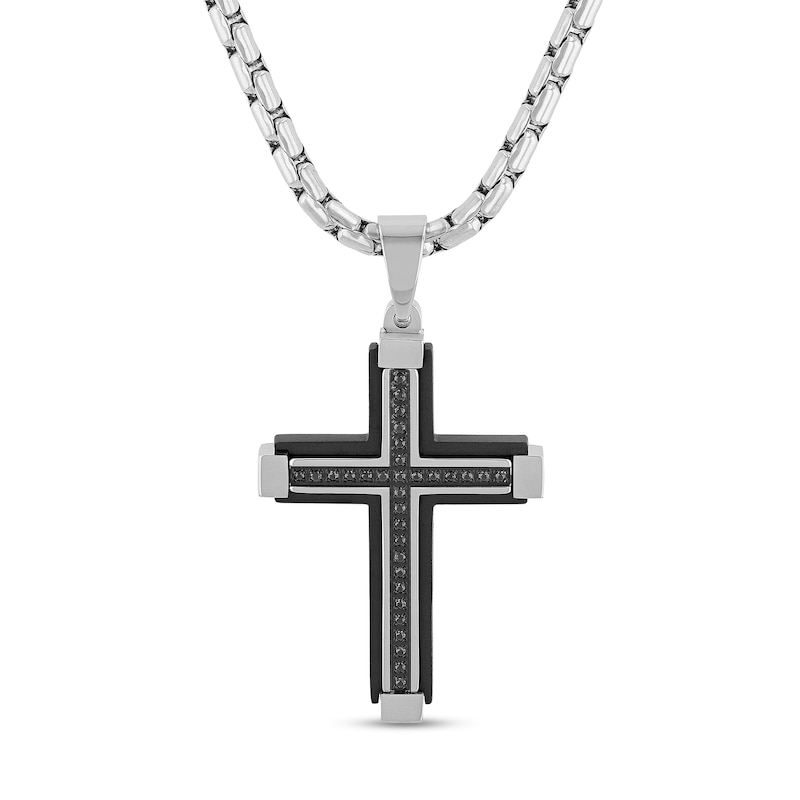 Men's 1/6 CT. T.W. Black Diamond Cross Pendant in Stainless Steel and Black Ion Plate - 24"