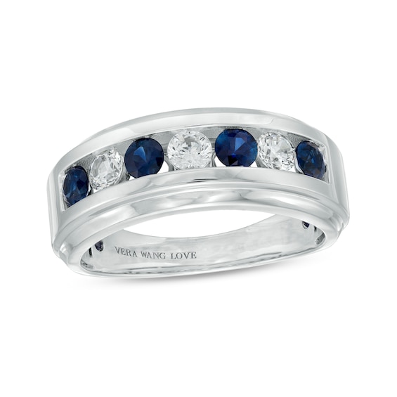 Vera Wang Men's 1/2 CT. T.w. Certified Lab-Grown Diamond and Blue Sapphire Wedding Band in 14K White Gold