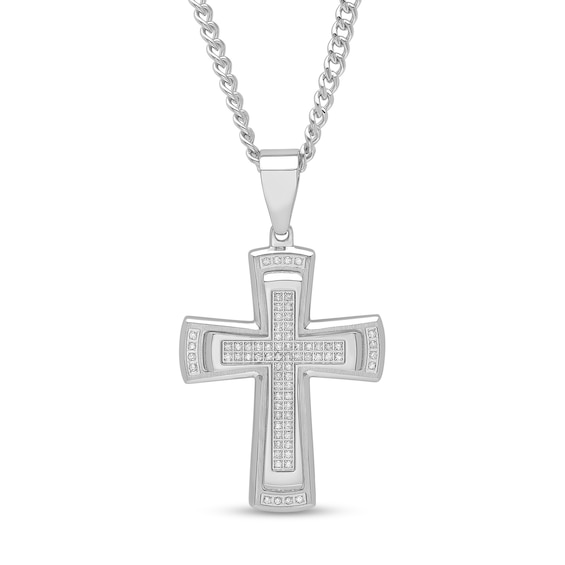 Men's 3/8 CT. T.w. Diamond Stacked Cross Pendant in Stainless Steel - 24"