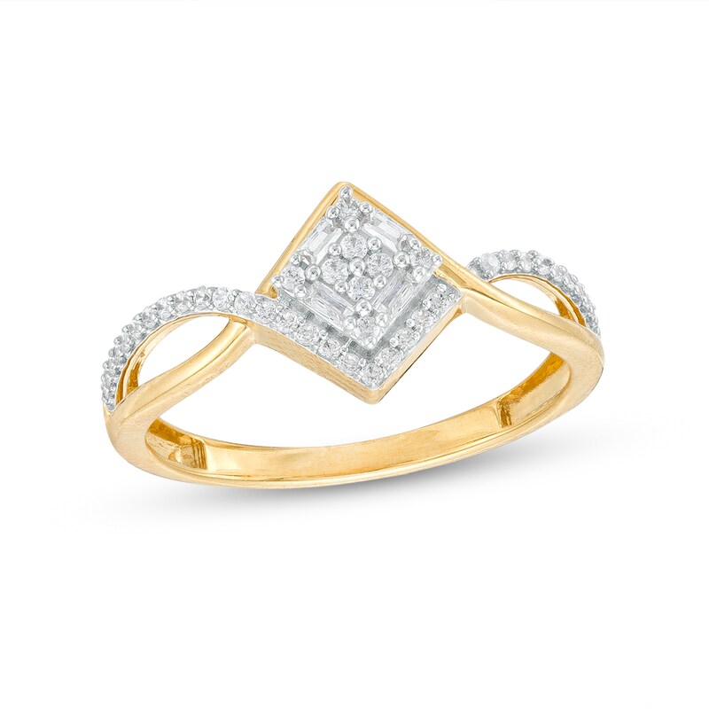 Main Image 1 of 1/5 CT. T.W. Princess-Shaped Multi-Diamond Tilted Twist Shank Ring in 10K Gold