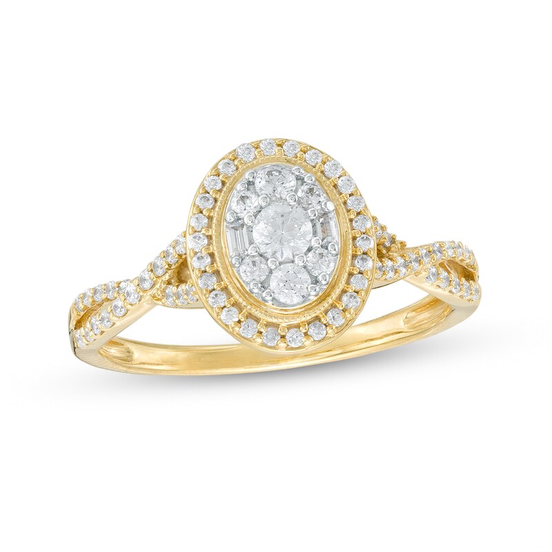 Main Image 1 of 1/2 CT. T.W. Oval-Shaped Multi-Diamond Frame Vintage-Style Twist Shank Ring in 10K Gold