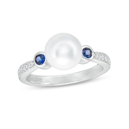 Vera Wang Love Collection Cultured Freshwater Pearl, Blue Sapphire and 1/20 CT. T.W. Diamond Ring in 10K White Gold