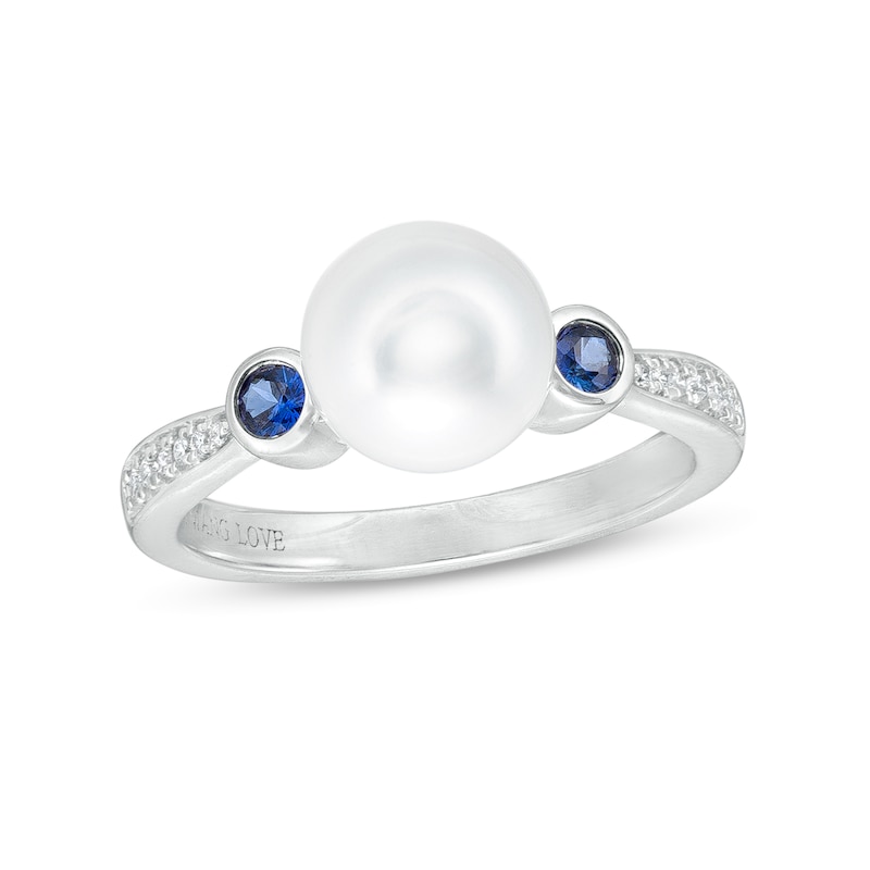 Main Image 1 of Vera Wang Love Collection Freshwater Cultured Pearl, Blue Sapphire and 1/20 CT. T.W. Diamond Ring in 10K White Gold