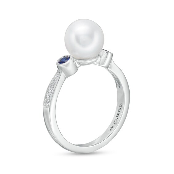 Vera Wang Love Collection Freshwater Cultured Pearl, Blue Sapphire and 1/20 CT. T.w. Diamond Ring in 10K White Gold