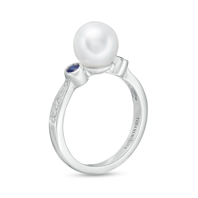Main Image 3 of Vera Wang Love Collection Freshwater Cultured Pearl, Blue Sapphire and 1/20 CT. T.W. Diamond Ring in 10K White Gold