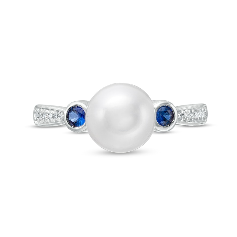 Main Image 4 of Vera Wang Love Collection Freshwater Cultured Pearl, Blue Sapphire and 1/20 CT. T.W. Diamond Ring in 10K White Gold
