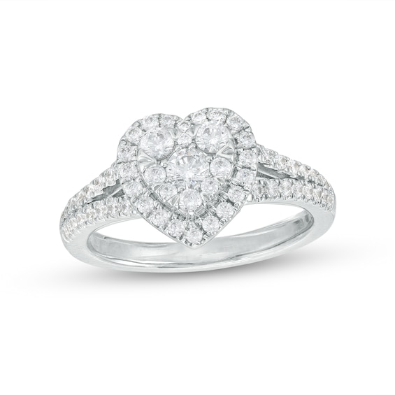3/4 CT. T.w. Heart-Shaped Lab-Grown Multi-Diamond Frame Split Shank Ring in 14K White Gold (F/Si2)