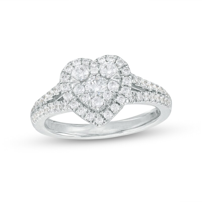 Main Image 1 of 3/4 CT. T.W. Certified Heart-Shaped Lab-Grown Multi-Diamond Frame Split Shank Ring in 14K White Gold (F/SI2)
