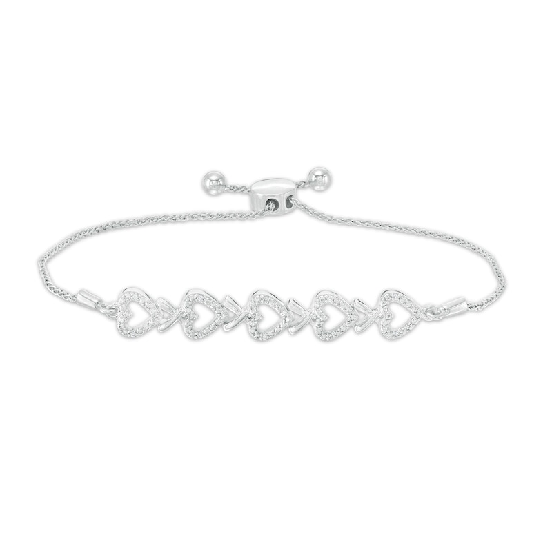 Main Image 1 of 1/20 CT. T.W. Diamond Five Open Hearts Bolo Bracelet in Sterling Silver - 9.5"
