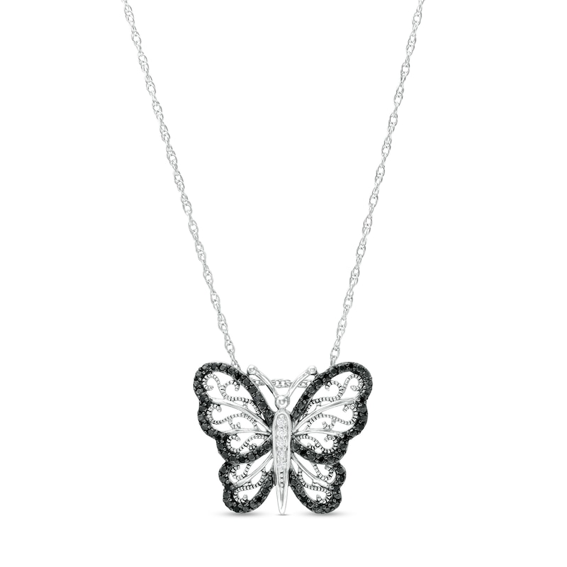 Main Image 1 of 1/8 CT. T.W. Black and White Diamond Butterfly Necklace in Sterling Silver
