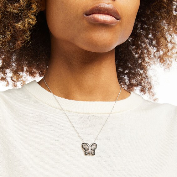 1/8 CT. T.w. Black and White Diamond Butterfly Necklace in Sterling Silver