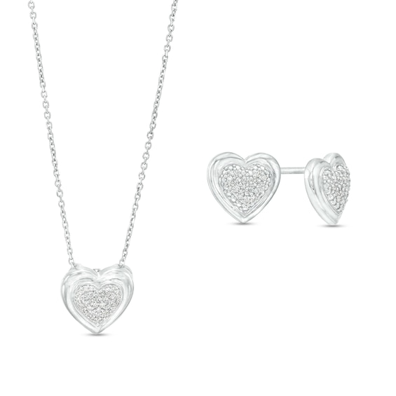 1/5 CT. T.w. Heart-Shaped Multi-Diamond Pendant and Stud Earrings Set in Sterling Silver