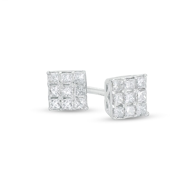 Main Image 1 of 1/4 CT. T.W. Princess-Cut Multi-Diamond Stud Earrings in 10K White Gold