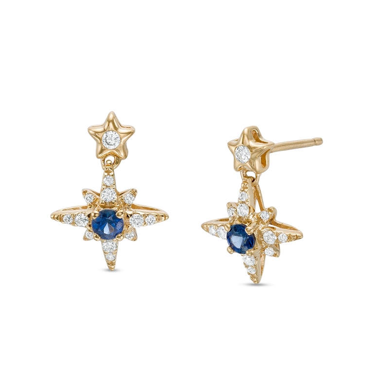 Main Image 1 of 3.0mm Blue Sapphire and 1/5 CT. T.W. Diamond Double Star Drop Earrings in 10K Gold