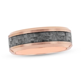 8.0mm Beveled Edge Wedding Band in Tungsten with Rose IP and Grey Woven Carbon fiber Inlay