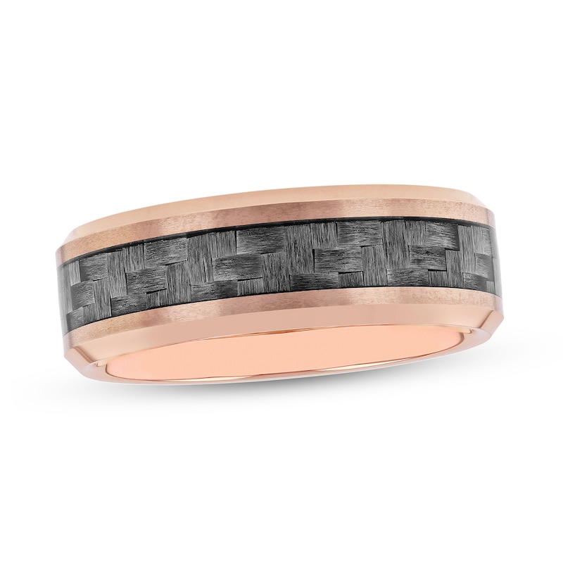 Main Image 1 of 8.0mm Beveled Edge Wedding Band in Tungsten with Rose IP and Grey Woven Carbon fiber Inlay