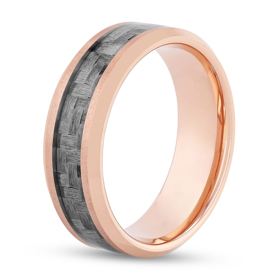 8.0mm Beveled Edge Wedding Band Tungsten with Rose IP and Grey Woven Carbon fiber Inlay