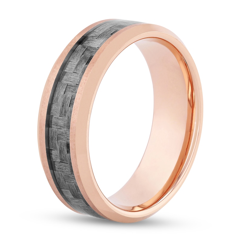 Main Image 2 of 8.0mm Beveled Edge Wedding Band in Tungsten with Rose IP and Grey Woven Carbon fiber Inlay