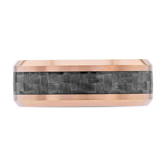 8.0mm Beveled Edge Wedding Band Tungsten with Rose IP and Grey Woven Carbon fiber Inlay