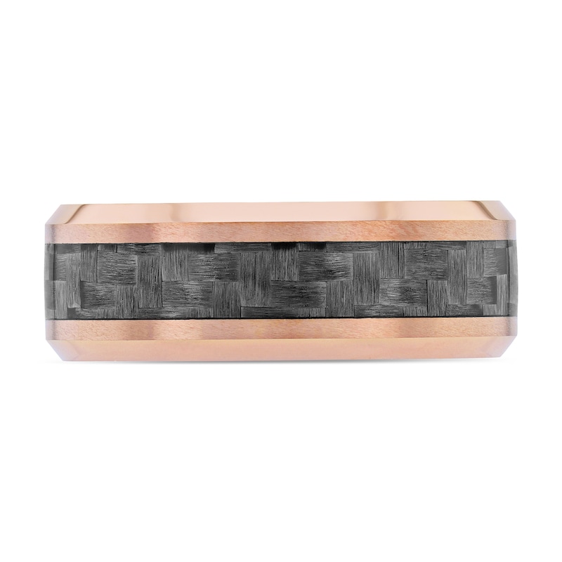 Main Image 3 of 8.0mm Beveled Edge Wedding Band in Tungsten with Rose IP and Grey Woven Carbon fiber Inlay