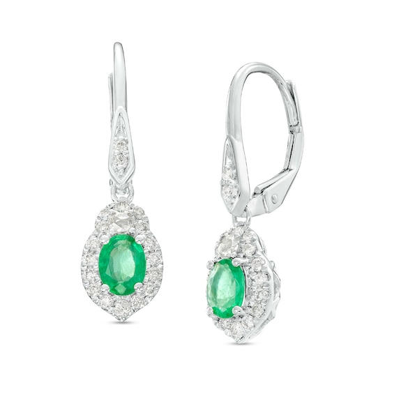 Oval Emerald and 1/3 CT. T.w. Diamond Frame Drop Earrings in 10K White Gold