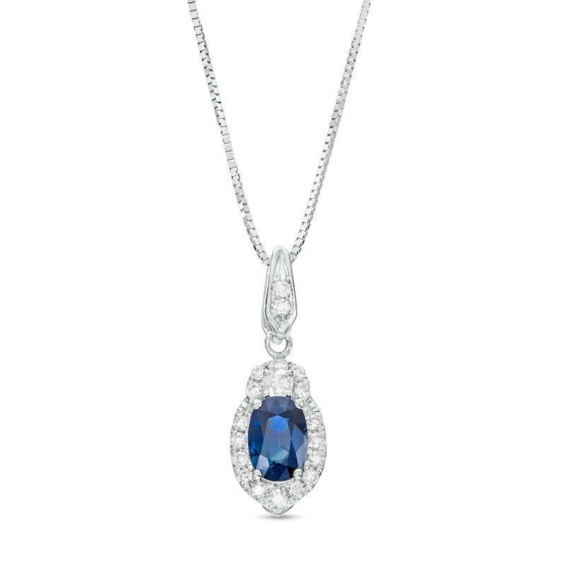 Main Image 1 of Oval Blue Sapphire and 1/6 CT. T.W. Diamond Frame Pendant in 10K White Gold
