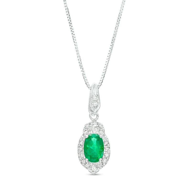 Main Image 1 of Oval Emerald and 1/6 CT. T.W. Diamond Frame Pendant in 10K White Gold