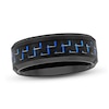 Thumbnail Image 1 of Men's 8.0mm Beveled Edge Wedding Band in Tungsten with Black IP and Blue Woven Carbon fiber Inlay