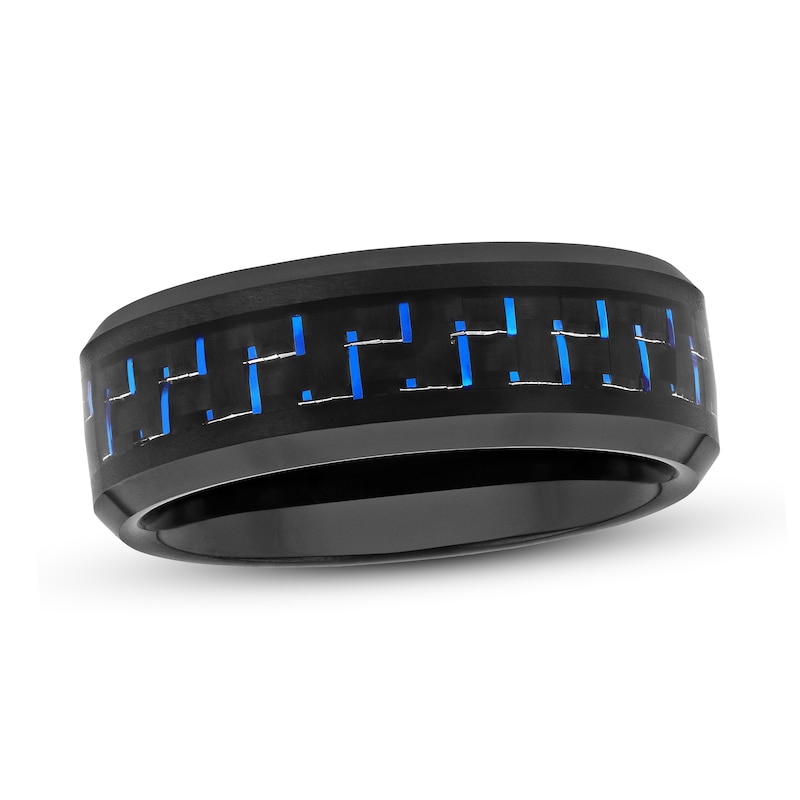 Main Image 1 of Men's 8.0mm Beveled Edge Wedding Band in Tungsten with Black IP and Blue Woven Carbon fiber Inlay