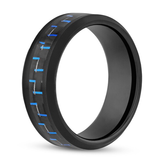 8.0mm Beveled Edge Wedding Band Tungsten with Black IP and Blue Woven Carbon fiber Inlay
