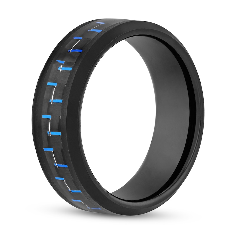 Main Image 2 of Men's 8.0mm Beveled Edge Wedding Band in Tungsten with Black IP and Blue Woven Carbon fiber Inlay