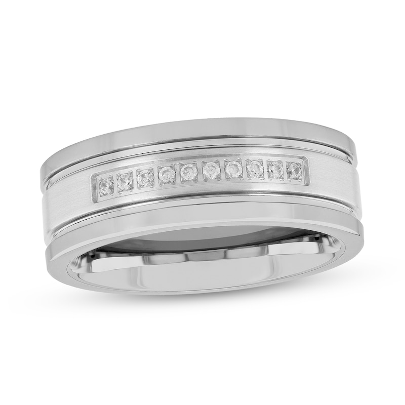 Main Image 1 of Men's 1/10 CT. T.W. Diamond Double Groove Ten Stone Wedding Band in Tungsten