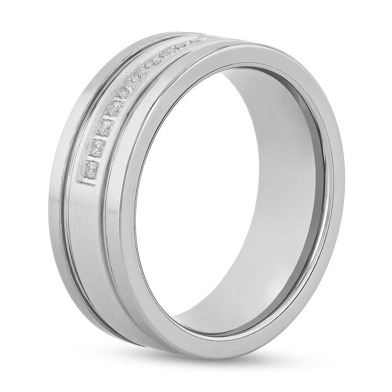 Main Image 2 of Men's 1/10 CT. T.W. Diamond Double Groove Ten Stone Wedding Band in Tungsten
