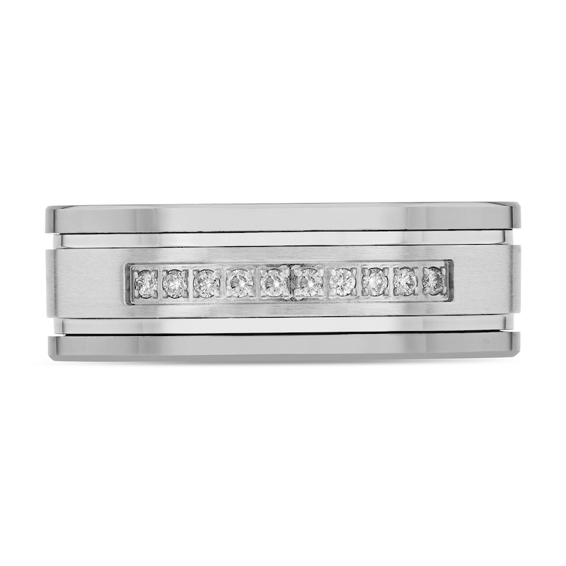 Main Image 3 of Men's 1/10 CT. T.W. Diamond Double Groove Ten Stone Wedding Band in Tungsten