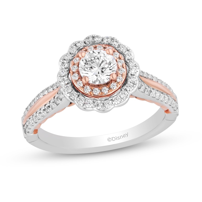 Main Image 1 of Enchanted Disney Belle 1 CT. T.W. Diamond Scallop Frame Split Shank Engagement Ring in 14K Two-Tone Gold – Size 7