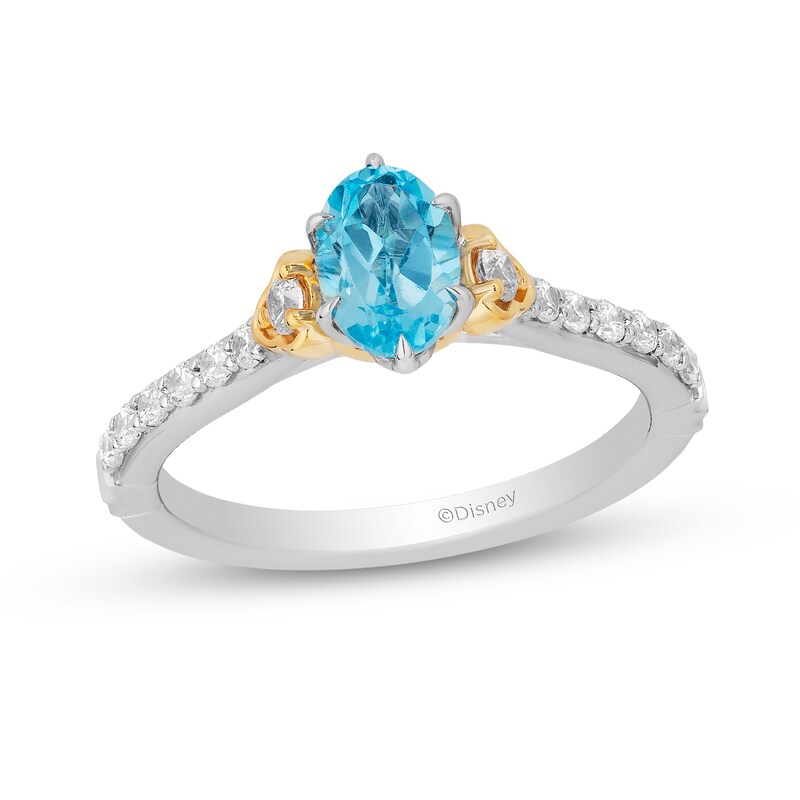 Main Image 1 of Enchanted Disney Jasmine Oval Swiss Blue Topaz and 1/3 CT. T.W. Diamond Engagement Ring in 14K Two-Tone Gold - Size 7