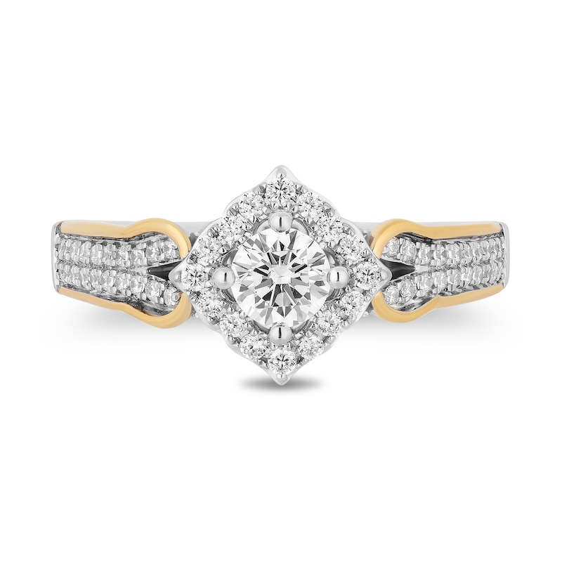 Enchanted Disney Jasmine 3/4 CT. T.W. Diamond Tilted Frame Split Shank Engagement Ring in 14K Two-Tone Gold – Size 7