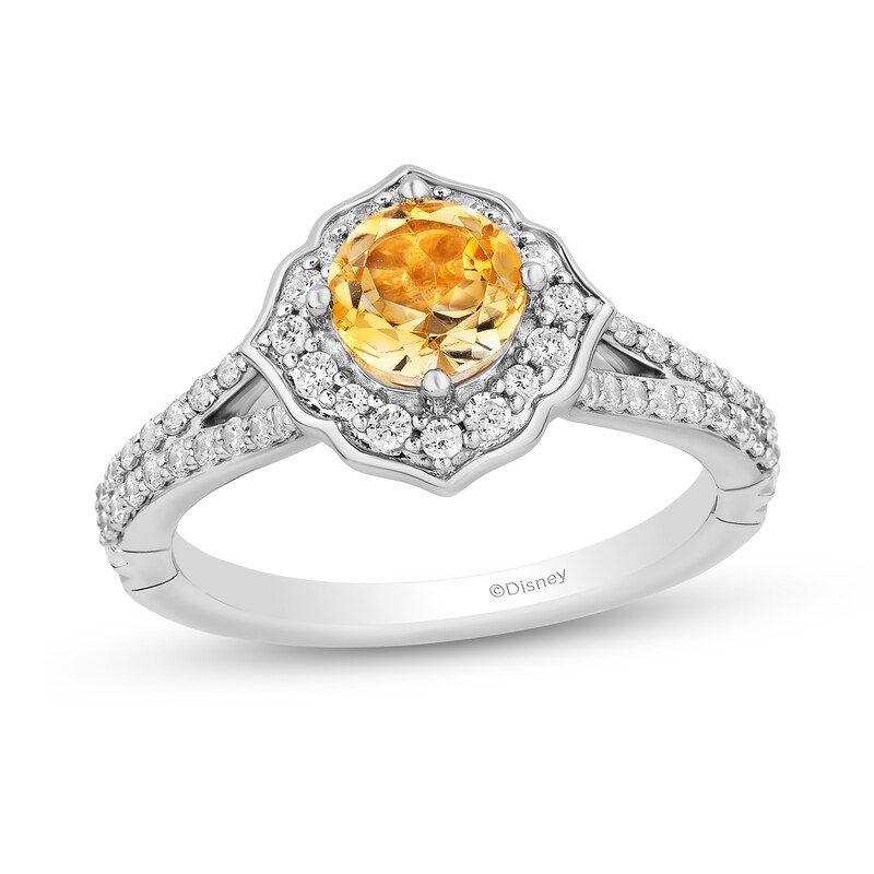 Main Image 1 of Enchanted Disney Belle Citrine and 1/2 CT. T.W. Diamond Floral Frame Split Shank Engagement Ring in 14K Two-Tone Gold